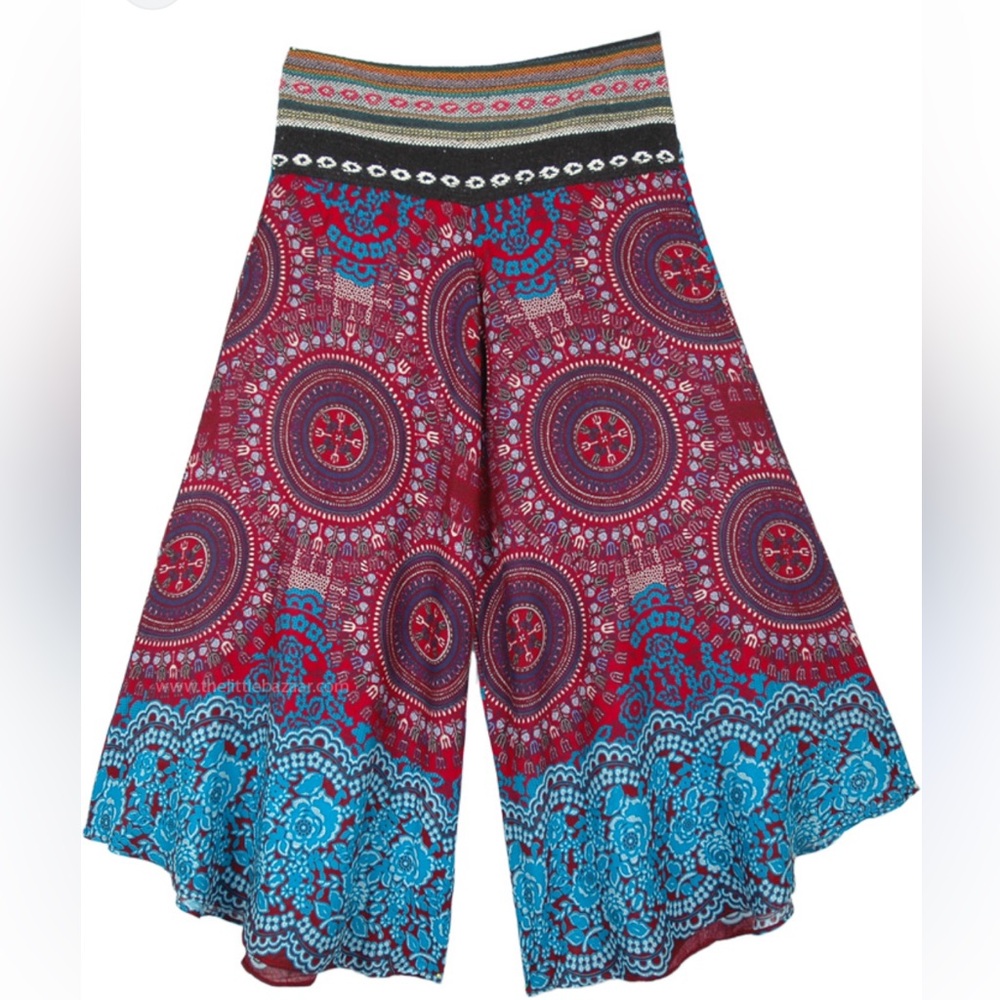 Bohemian Red Wide-Leg Flowy boutique Pants - S